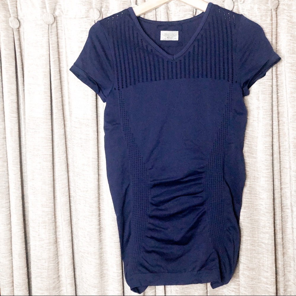 Athleta Blue Short Sleeve Rouched Compression Athletic Top Size Extra Small